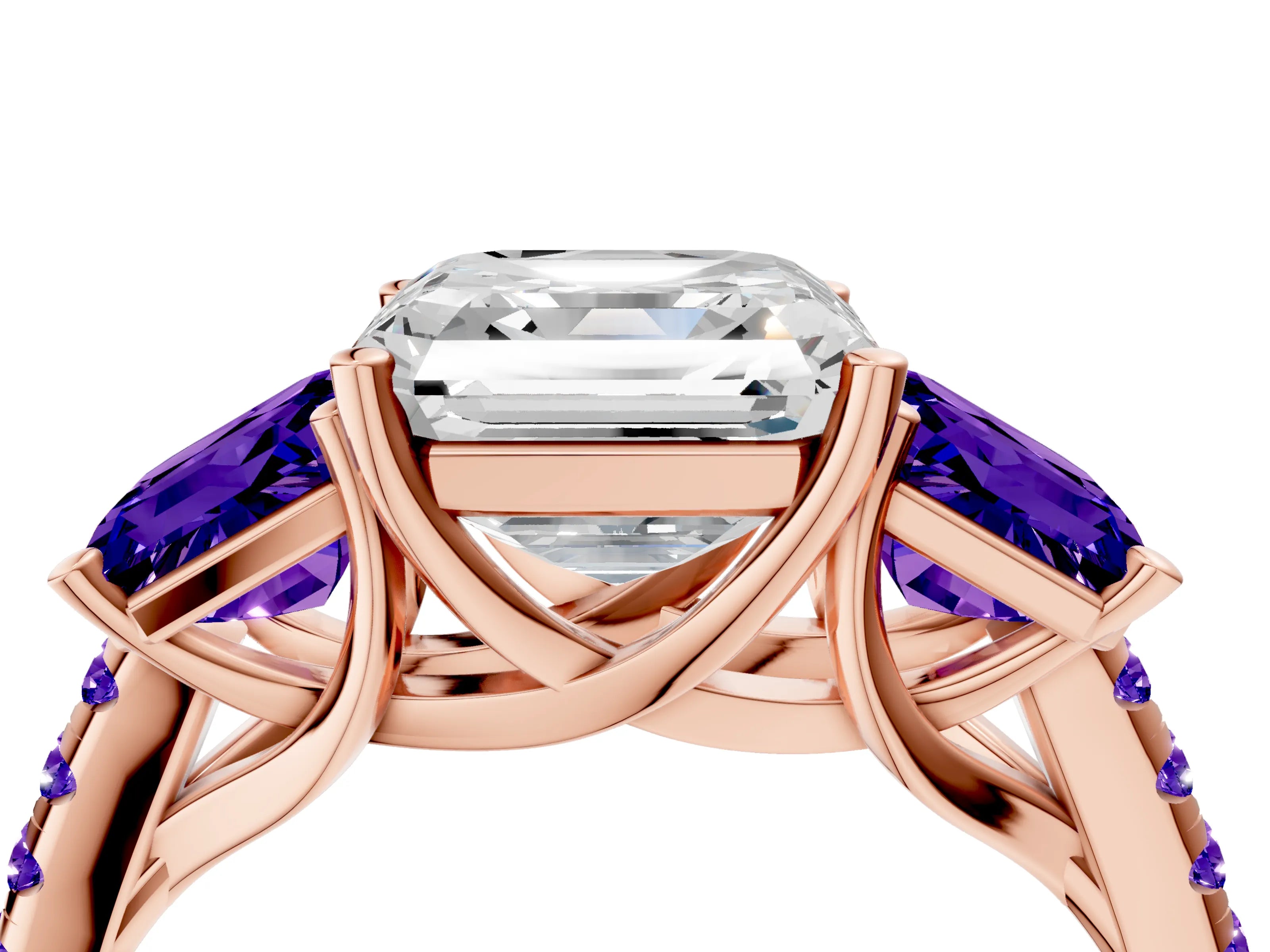 Rose gold Three-Stone Asscher Cut Diamond Ring with Round with Tanzanite side stone Pavé Band and Prong Setting_4