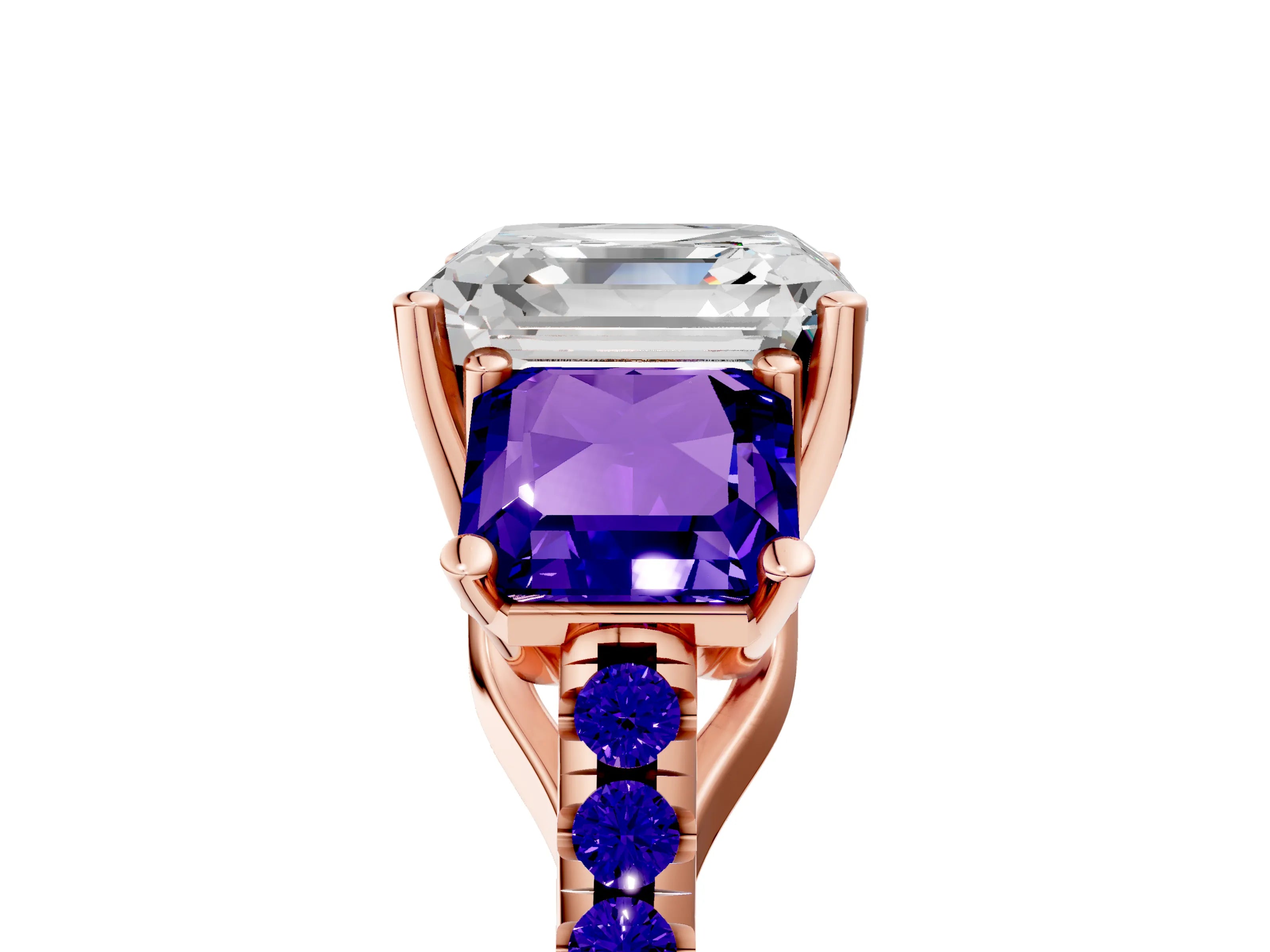 Rose gold Three-Stone Asscher Cut Diamond Ring with Round with Tanzanite side stone Pavé Band and Prong Setting_5