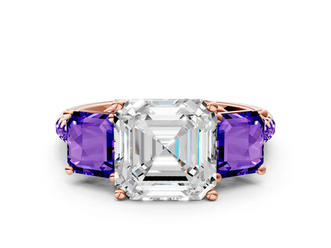 Rose gold Three-Stone Asscher Cut Diamond Ring with Round with Tanzanite side stone Pavé Band and Prong Setting