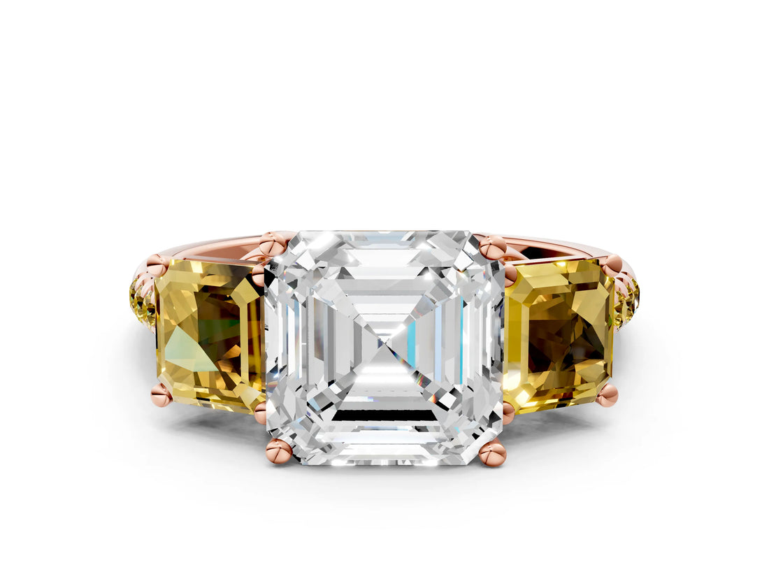 Rose gold Three-Stone Asscher Cut Diamond Ring with Round with Yellow Sapphire side stone Pavé Band and Prong Setting