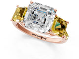 Rose gold Three-Stone Asscher Cut Diamond Ring with Round with Yellow Sapphire side stone Pavé Band and Prong Setting_1