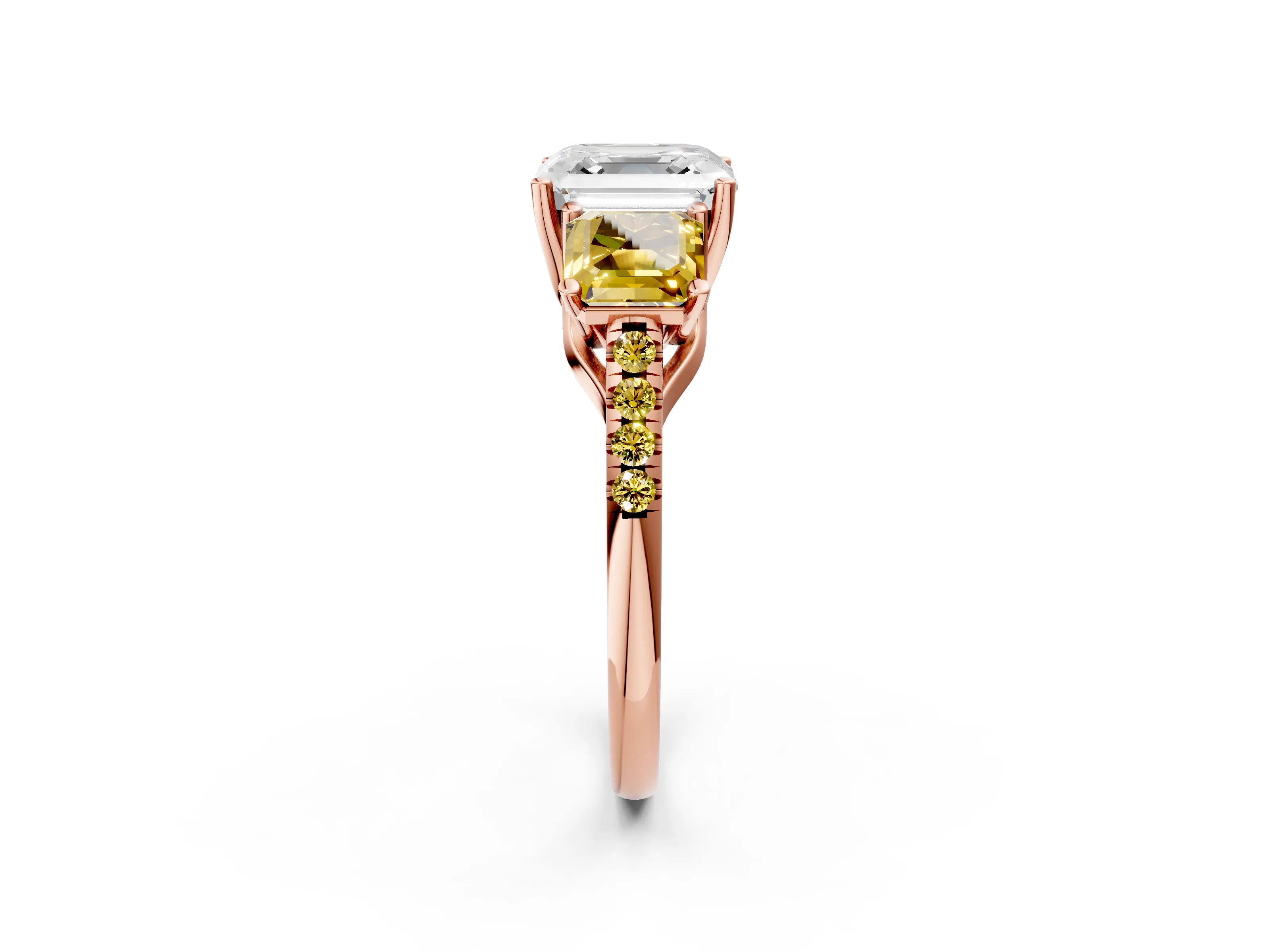 Rose gold Three-Stone Asscher Cut Diamond Ring with Round with Yellow Sapphire side stone Pavé Band and Prong Setting_2