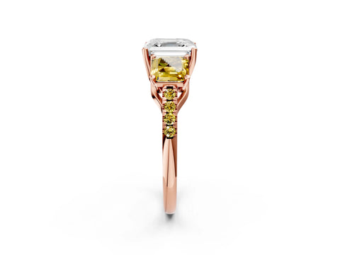 Rose gold Three-Stone Asscher Cut Diamond Ring with Round with Yellow Sapphire side stone Pavé Band and Prong Setting_2