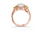 Rose gold Three-Stone Asscher Cut Diamond Ring with Round with Yellow Sapphire side stone Pavé Band and Prong Setting_3