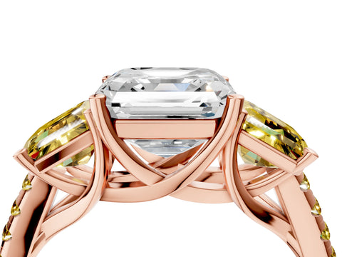 Rose gold Three-Stone Asscher Cut Diamond Ring with Round with Yellow Sapphire side stone Pavé Band and Prong Setting_4