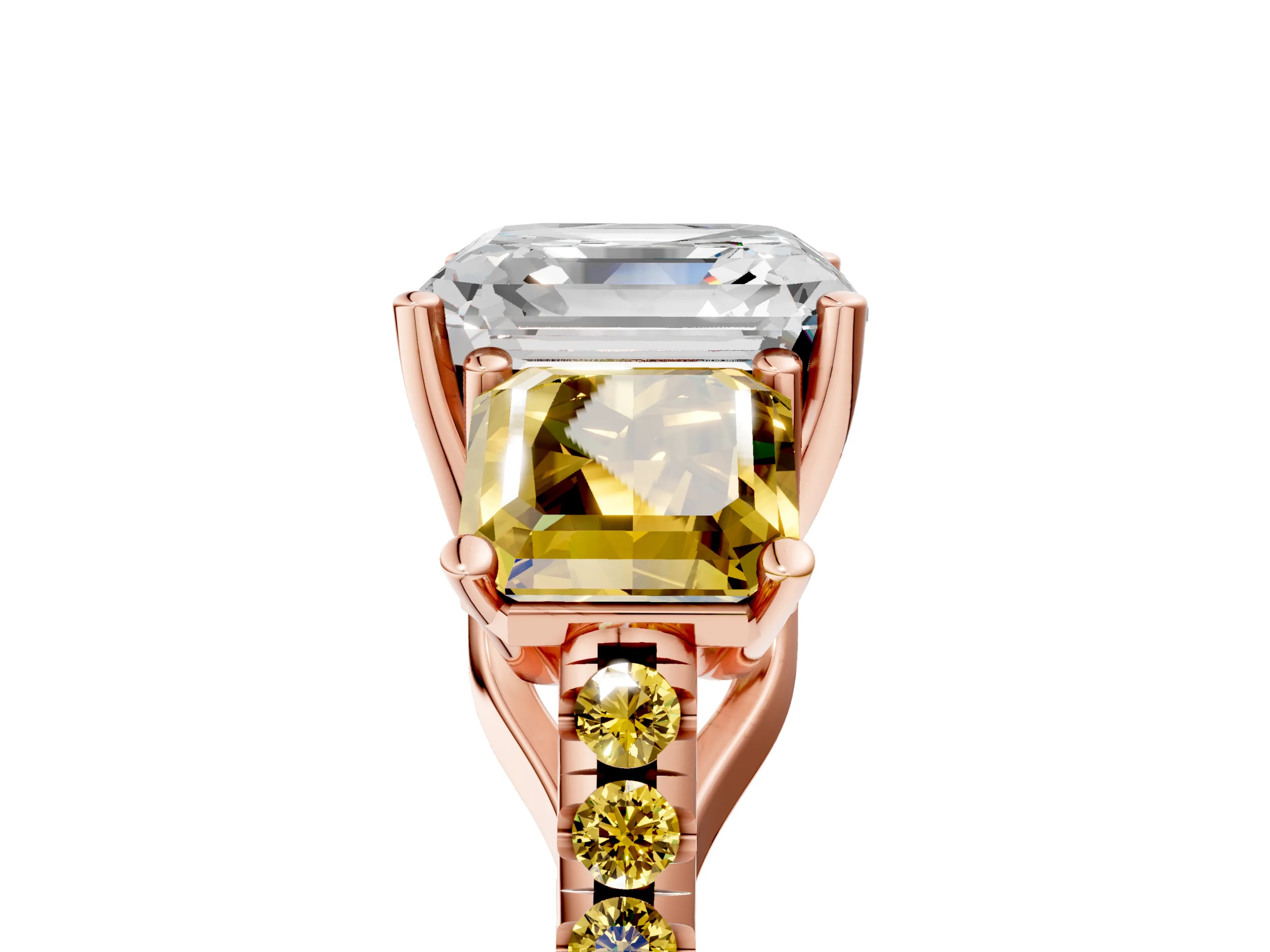 Rose gold Three-Stone Asscher Cut Diamond Ring with Round with Yellow Sapphire side stone Pavé Band and Prong Setting_5