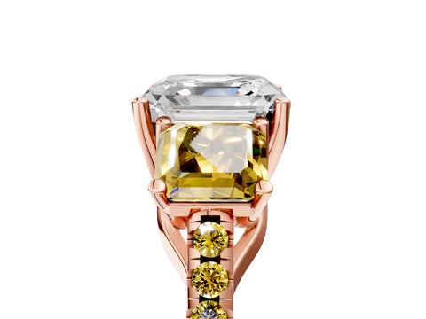 Rose gold Three-Stone Asscher Cut Diamond Ring with Round with Yellow Sapphire side stone Pavé Band and Prong Setting_5