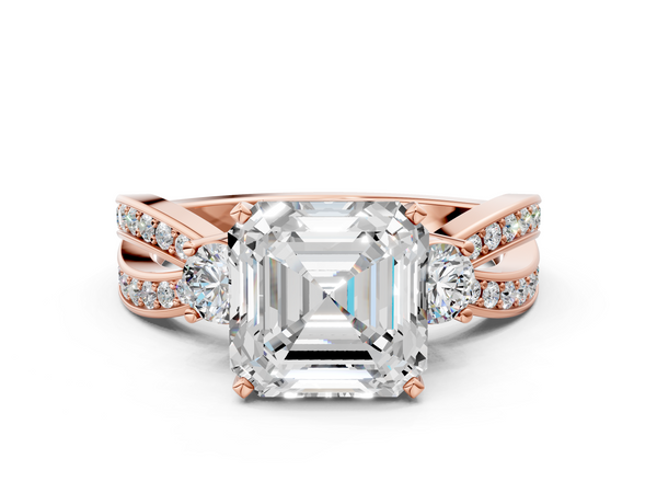 Rose Gold Asscher Cut Three Stone Engagement Ring Setting with Graduated Pave Split Twist Band