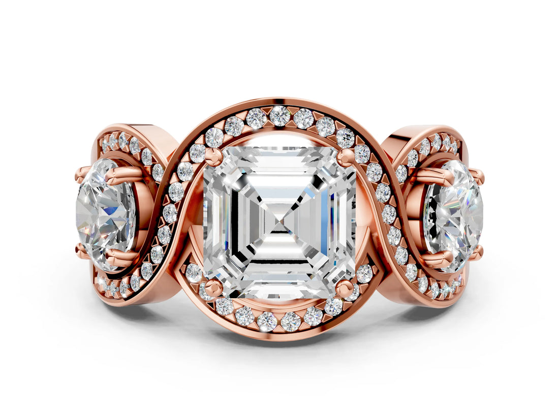 Rose gold Three-Stone Asscher Cut Diamond Wave Pave Band with Prong Setting_9