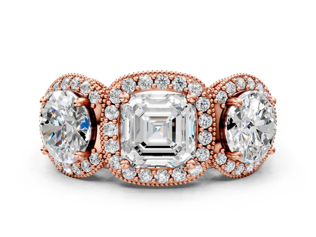 Rose gold Three-Stone Asscher Cut Halo Diamond Milgrain Band with Four-Prong Setting_3