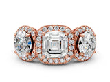 Rose gold Three-Stone Asscher Cut Halo Diamond Milgrain Band with Four-Prong Setting_3