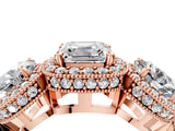 Rose gold Three-Stone Asscher Cut Halo Diamond Milgrain Band with Four-Prong Setting_7