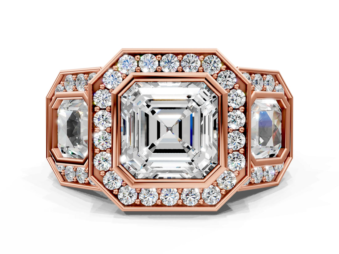 Rose gold Three-Stone Asscher Cut Halo Pavé Diamond Ring_3