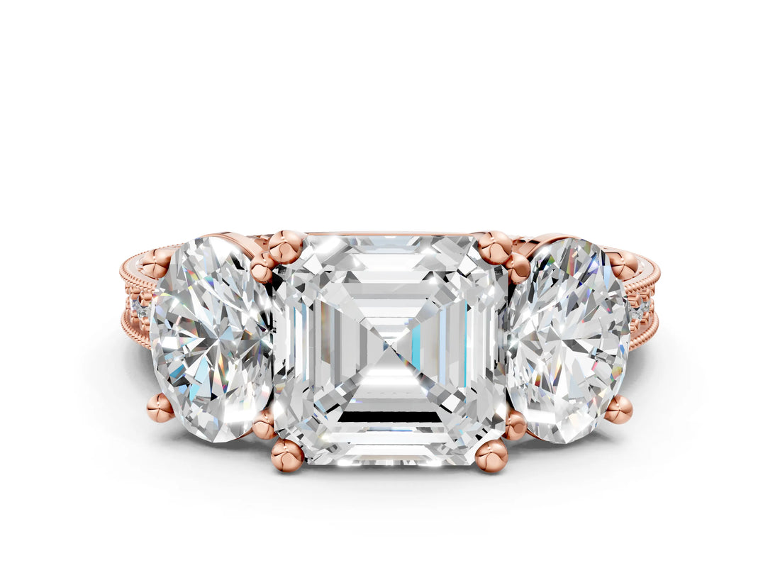 Rose gold Three-Stone Asscher Diamond Milgrain Pave Band with Prong Setting 1