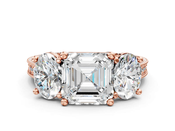Rose Gold Asscher Cut Three-Stone Vintage Engagement Ring Setting with Graduated Milgrain Pave Band