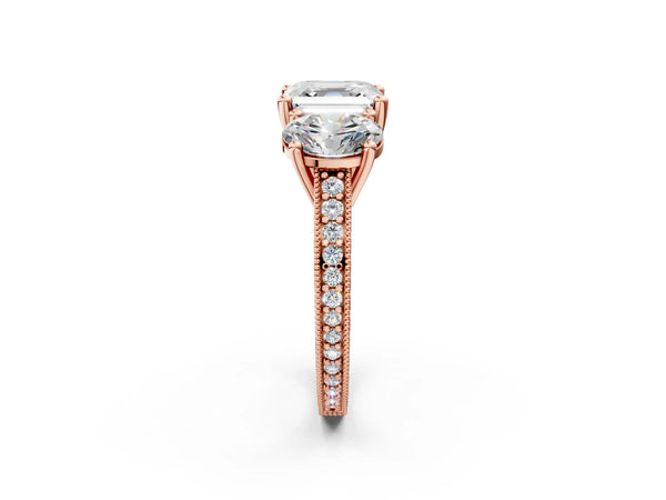 Rose Gold Asscher Cut Three-Stone Vintage Engagement Ring Setting with Graduated Milgrain Pave Band