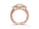 Rose gold Three-Stone Asscher Diamond Milgrain Pave Band with Prong Setting 4