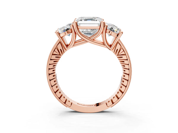 Rose Gold Asscher Cut Three-Stone Vintage Engagement Ring Setting with Graduated Milgrain Pave Band