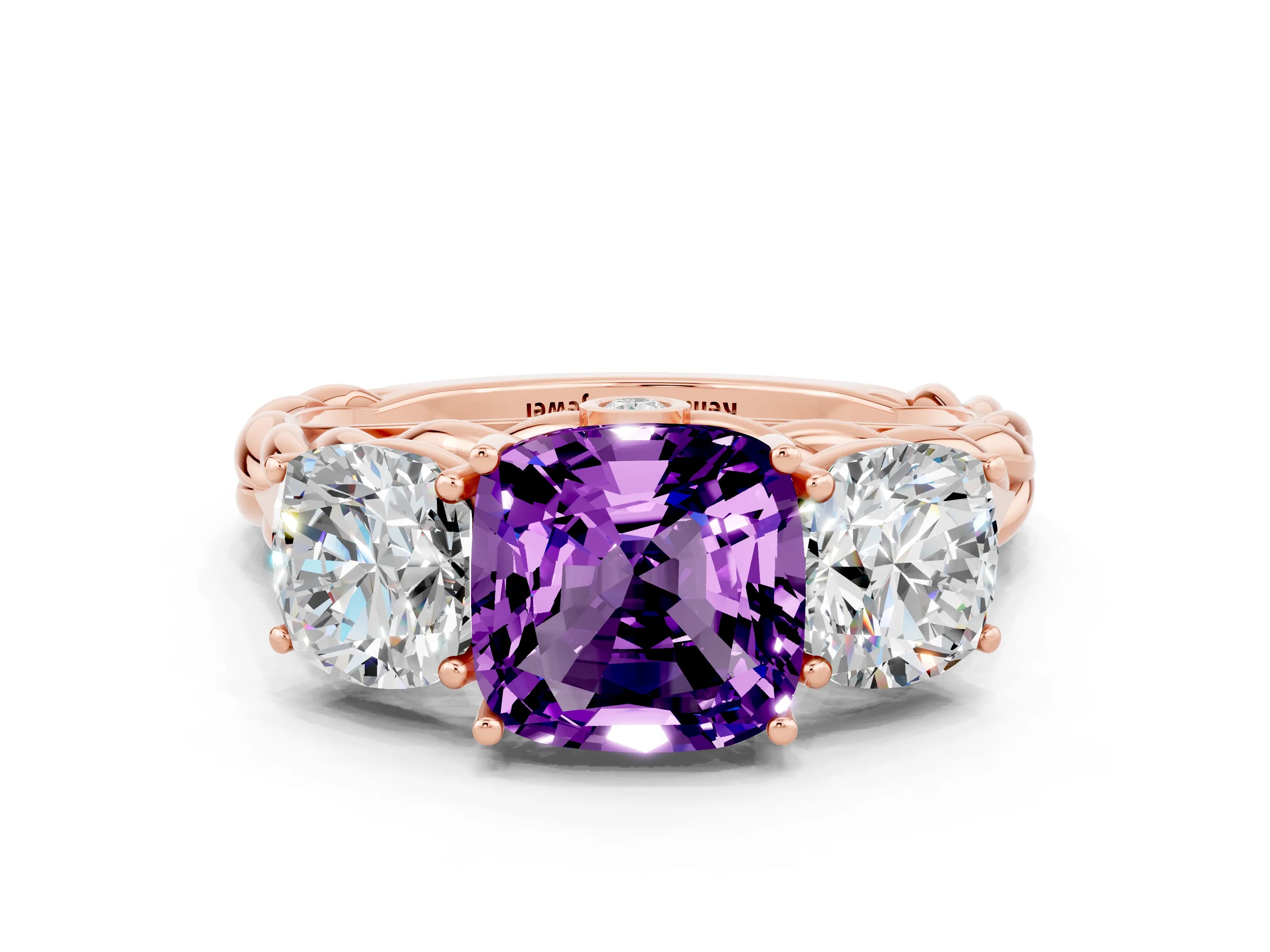Rose gold Three-Stone Cushion Cut Amethyst Braided Band Ring with Four-Prong Setting_12