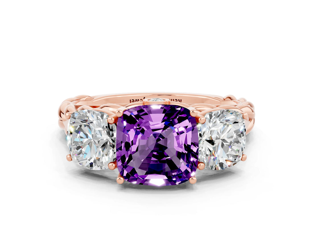Rose gold Three-Stone Cushion Cut Amethyst Braided Band Ring with Four-Prong Setting_12