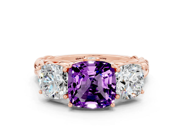 Rose gold Three-Stone Cushion Cut Amethyst Braided Band Ring with Four-Prong Setting