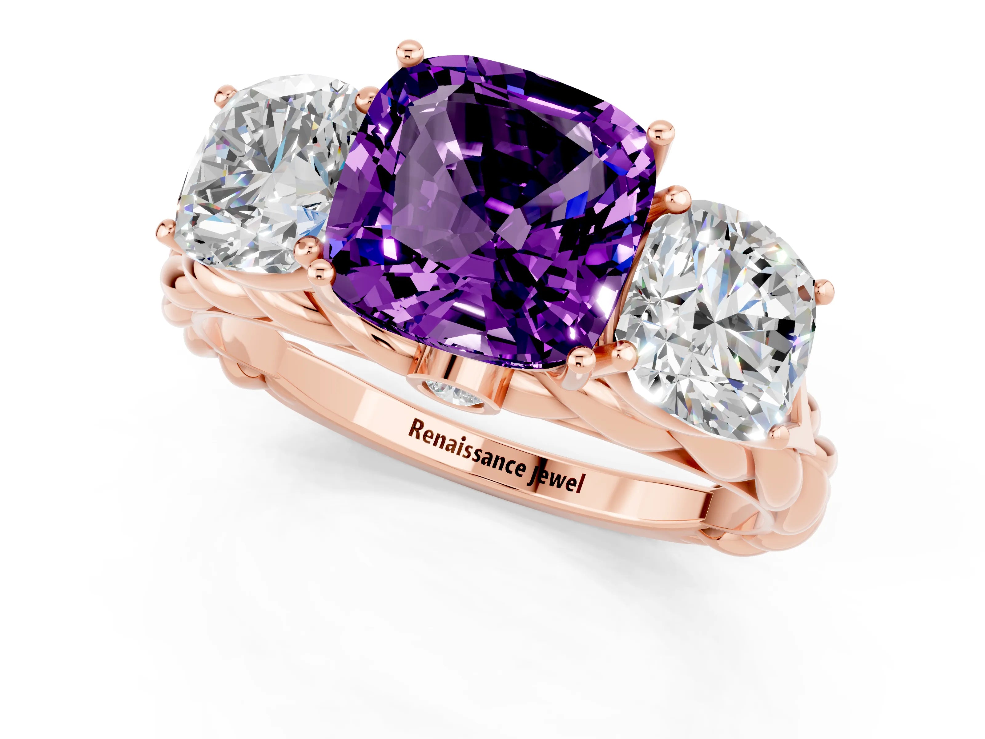 Rose gold Three-Stone Cushion Cut Amethyst Braided Band Ring with Four-Prong Setting_13