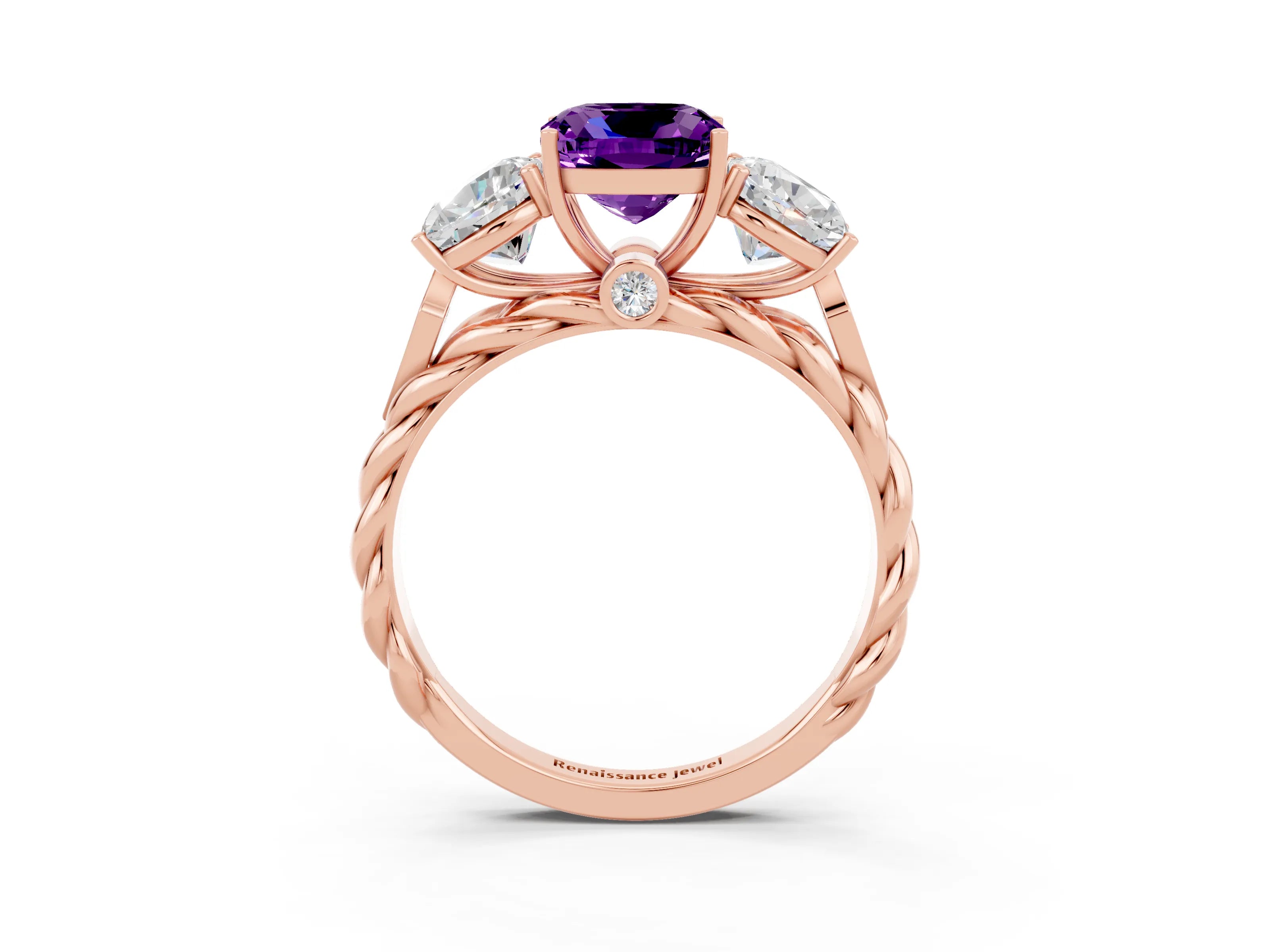 Rose gold Three-Stone Cushion Cut Amethyst Braided Band Ring with Four-Prong Setting_15