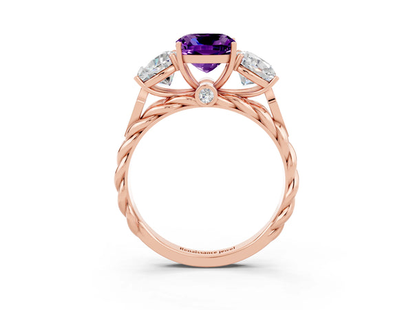 Rose gold Three-Stone Cushion Cut Amethyst Braided Band Ring with Four-Prong Setting