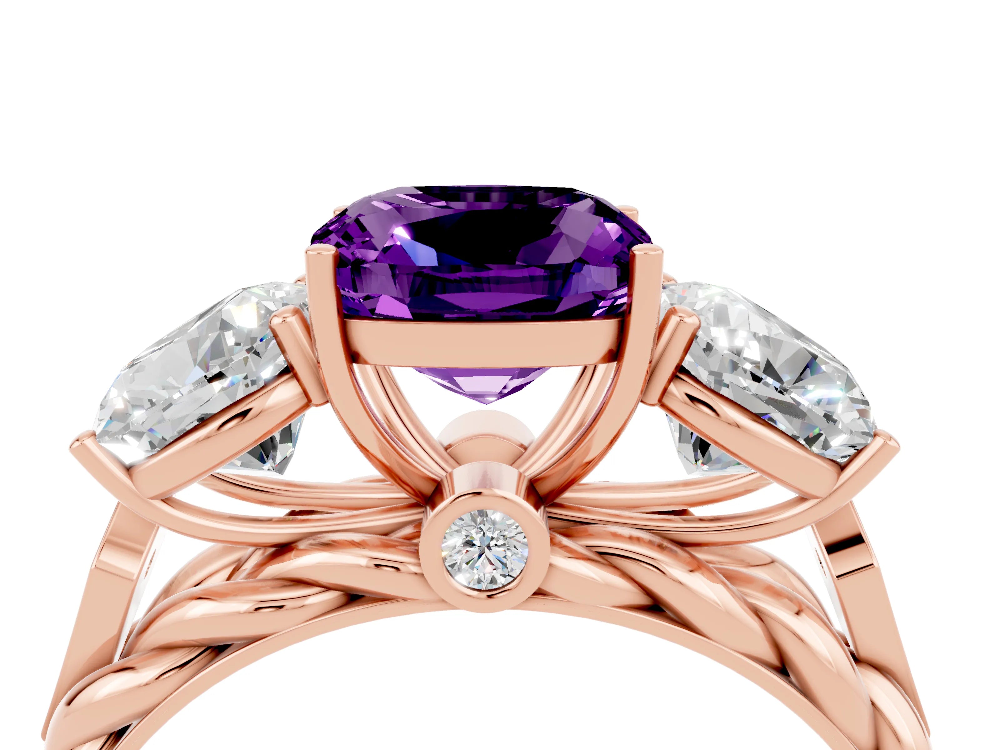 Rose gold Three-Stone Cushion Cut Amethyst Braided Band Ring with Four-Prong Setting_16