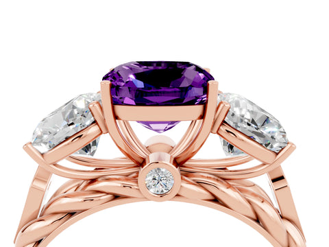 Rose gold Three-Stone Cushion Cut Amethyst Braided Band Ring with Four-Prong Setting_16