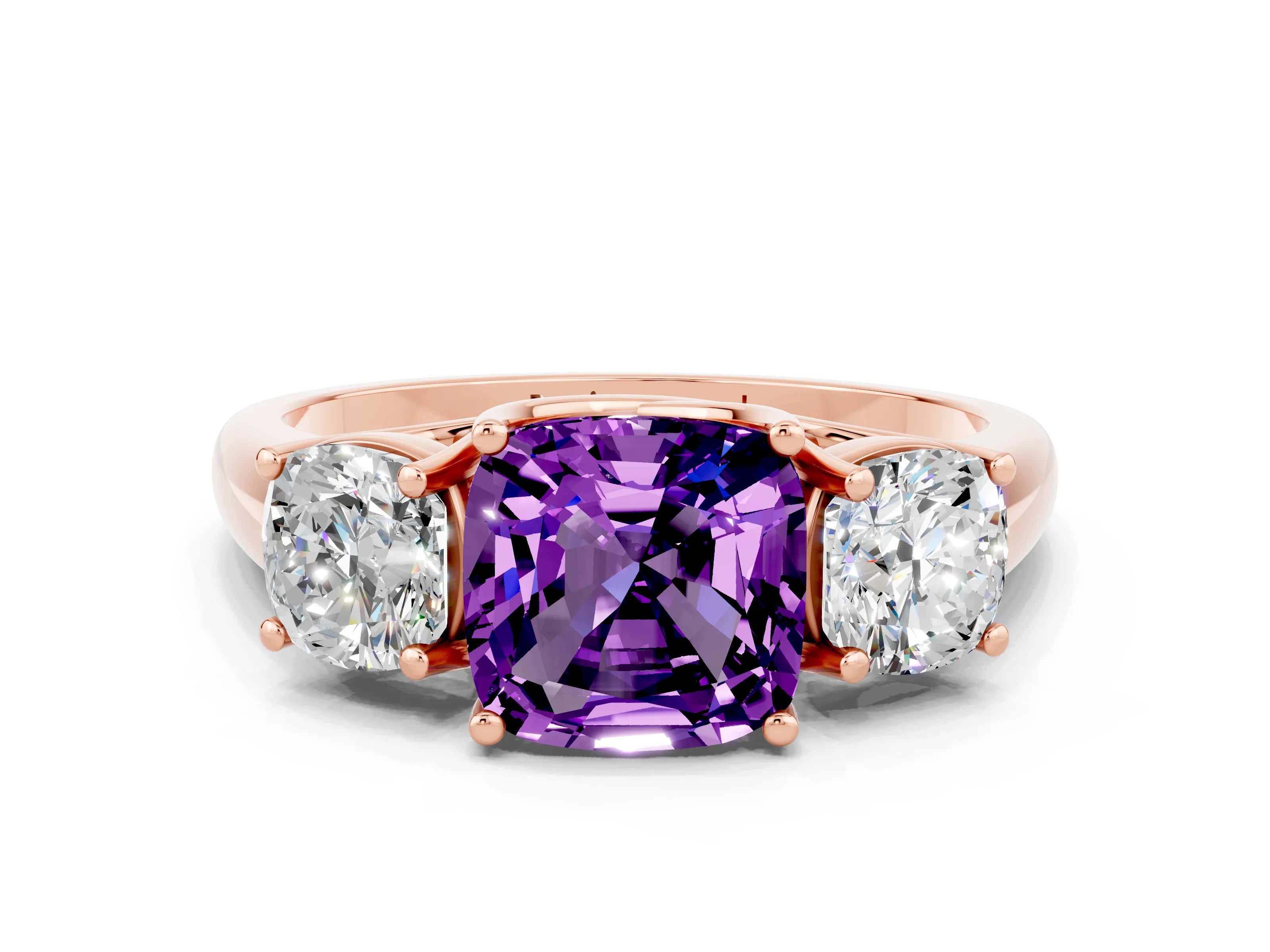 Rose gold Three-Stone Cushion Cut Amethyst Engagement Ring with Prong Setting