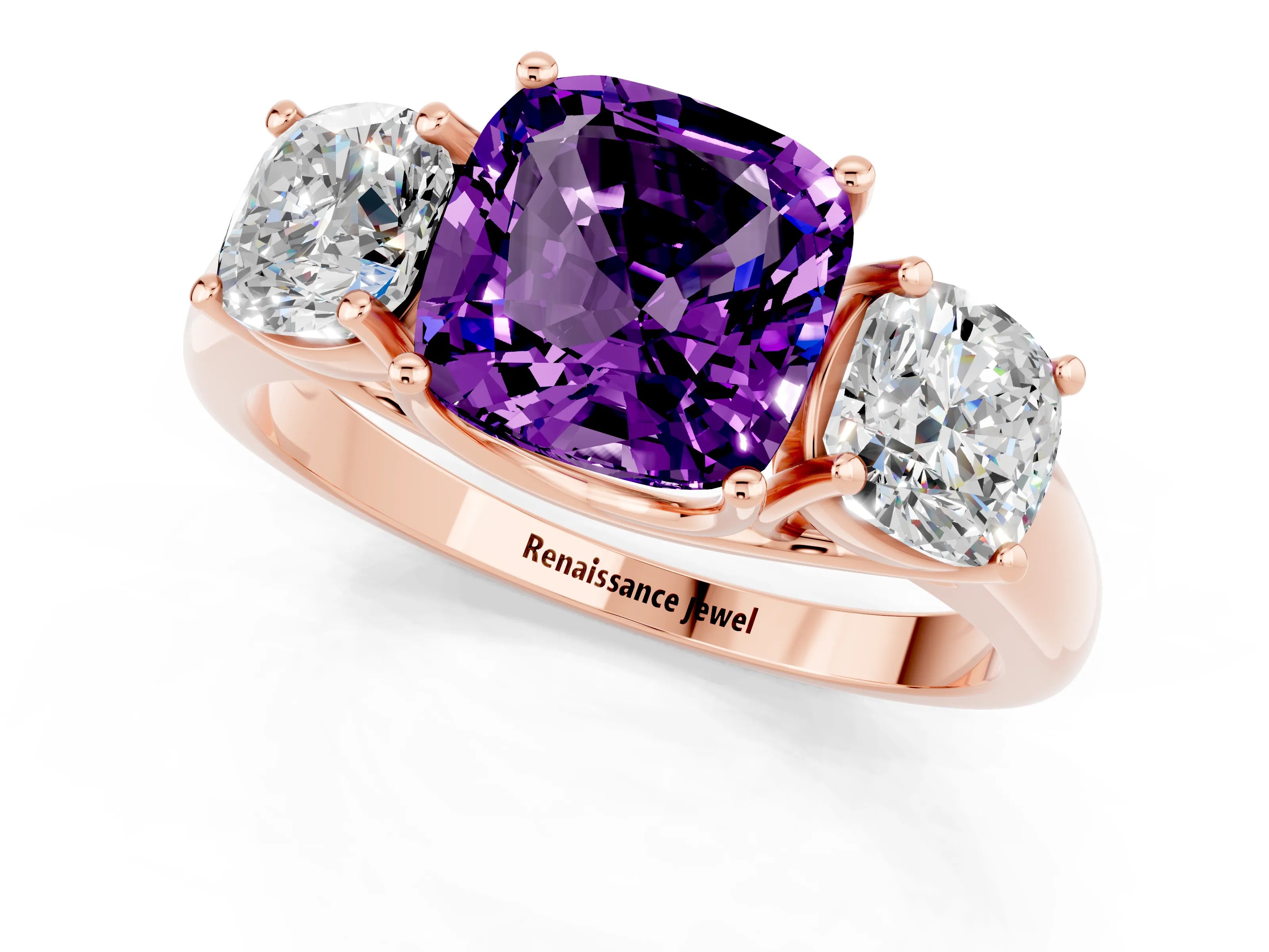 Rose gold Three-Stone Cushion Cut Amethyst Engagement Ring with Prong Setting_1