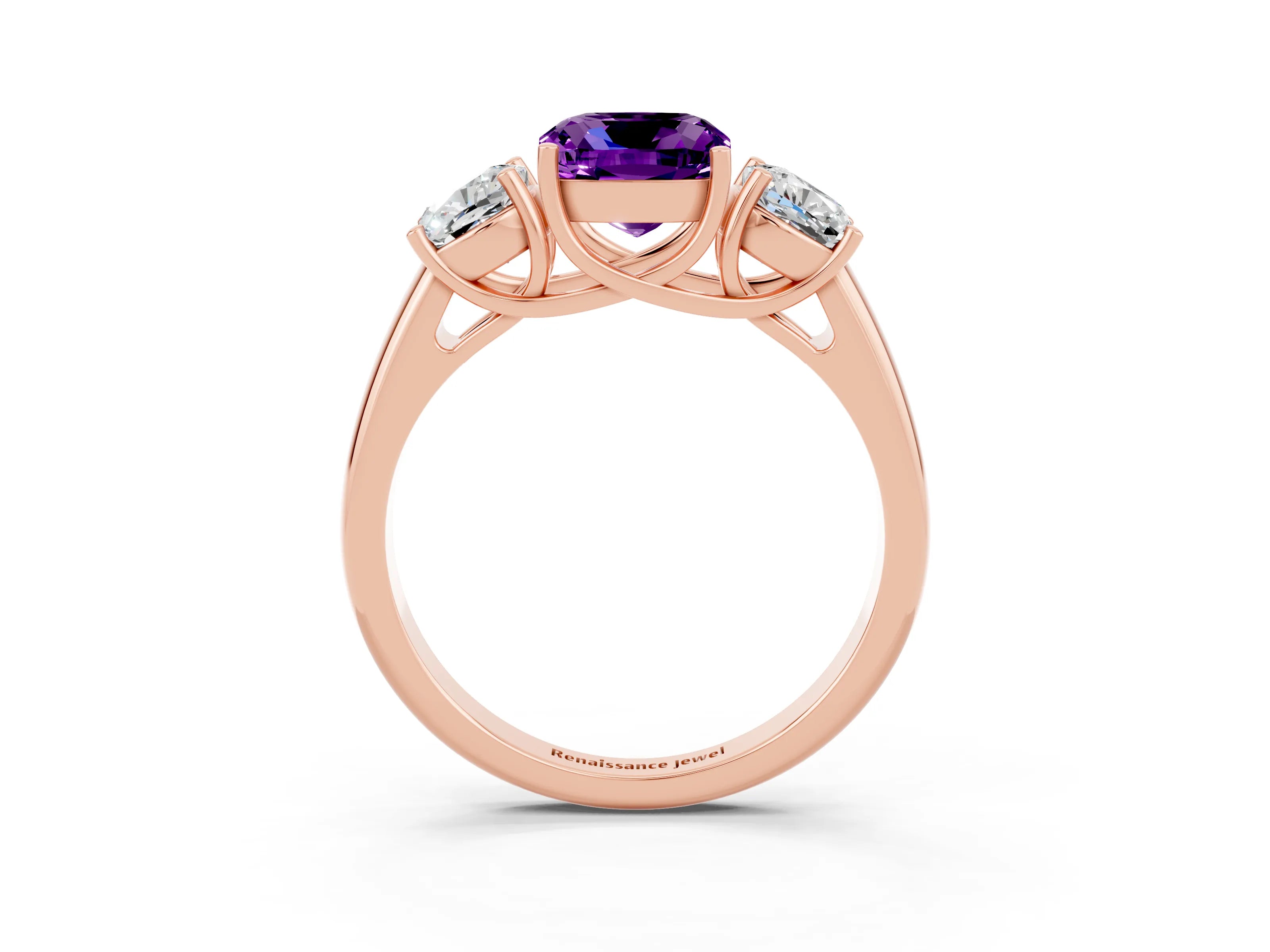 Rose gold Three-Stone Cushion Cut Amethyst Engagement Ring with Prong Setting_3