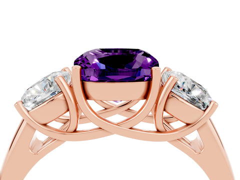 Rose gold Three-Stone Cushion Cut Amethyst Engagement Ring with Prong Setting_4