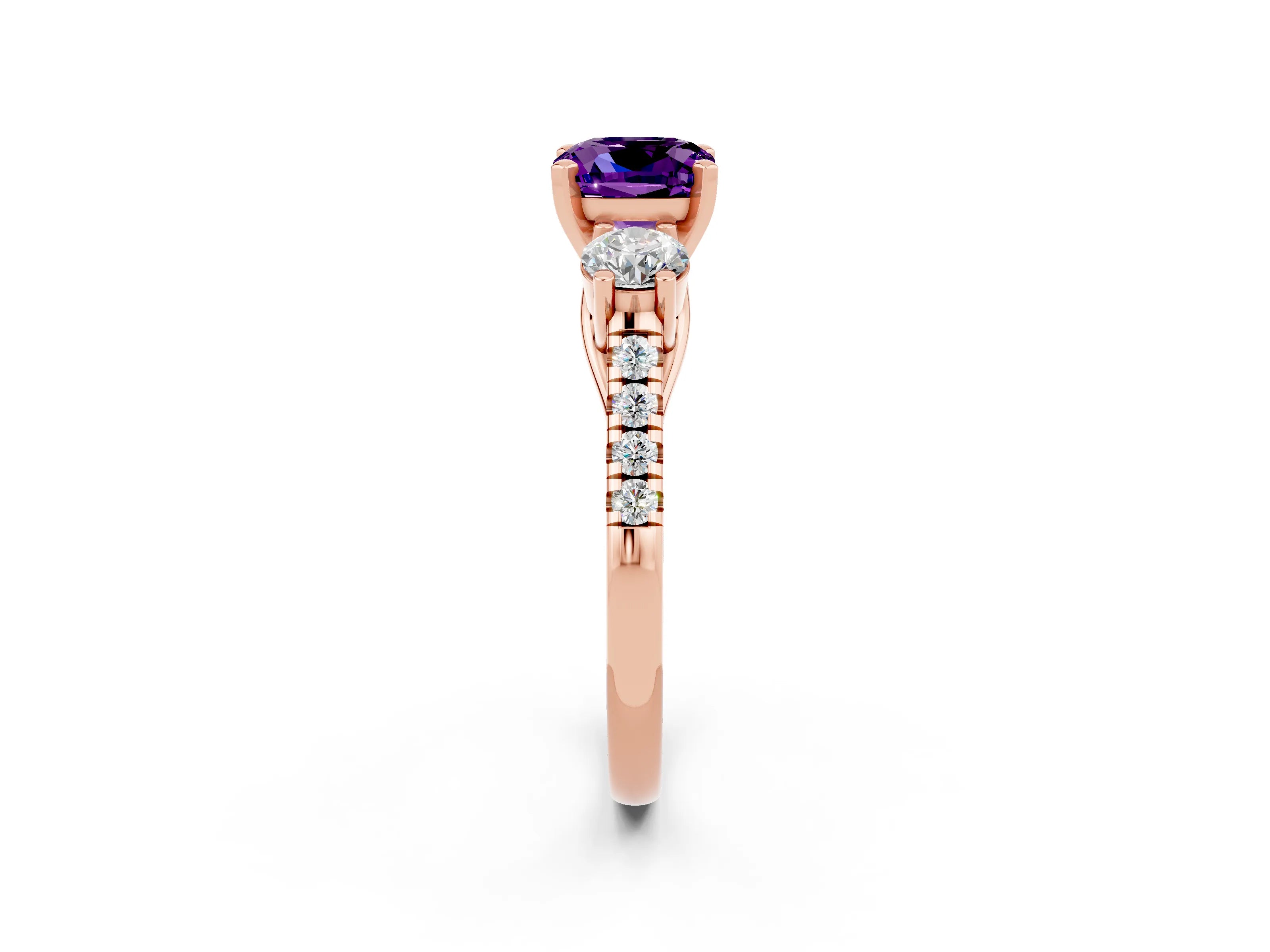 Rose gold Three-Stone Cushion Cut Amethyst Pavé Band with Four-Prong Setting_2