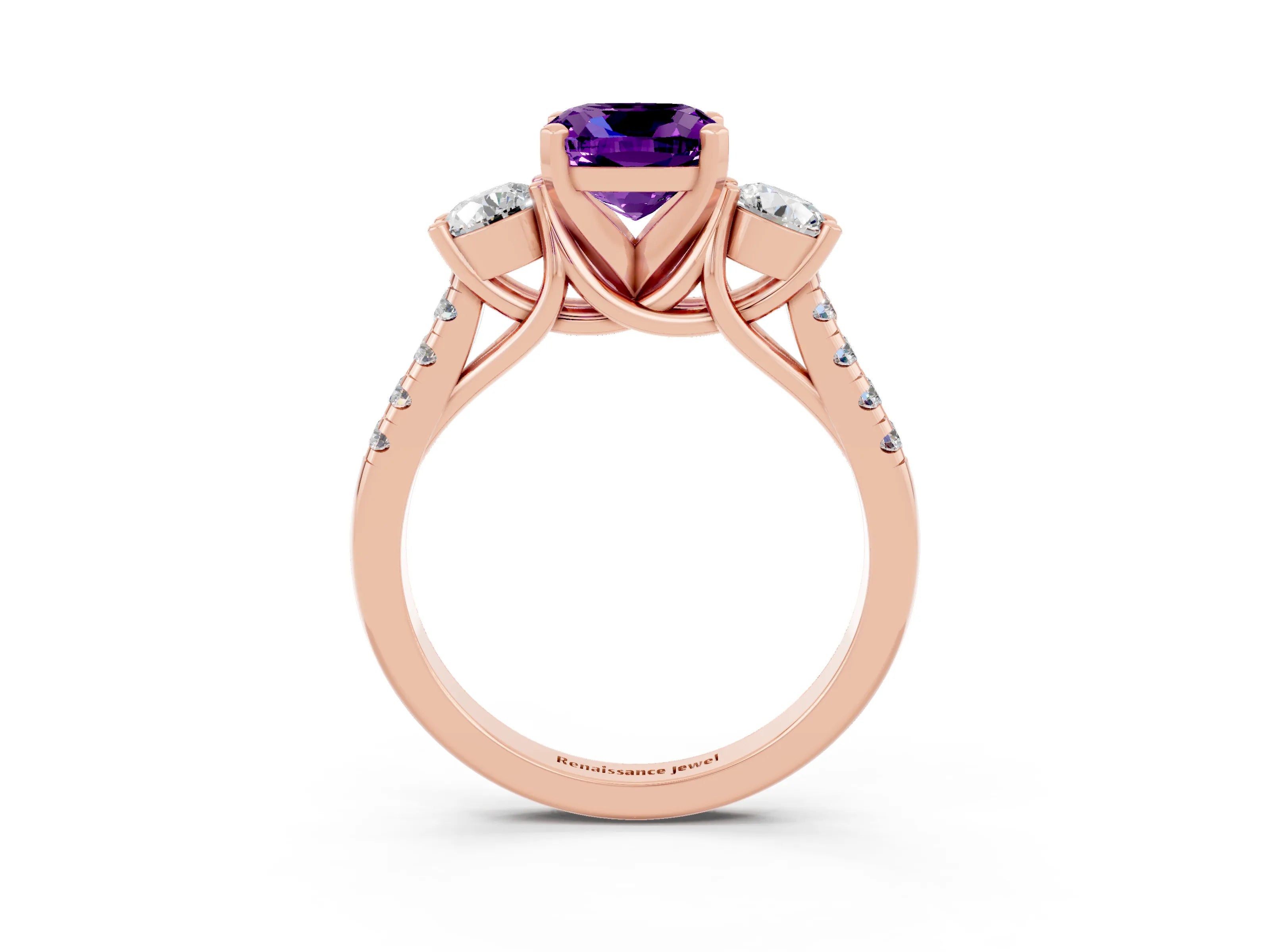 Rose gold Three-Stone Cushion Cut Amethyst Pavé Band with Four-Prong Setting_3
