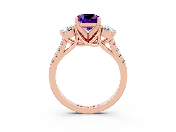 Rose gold Three-Stone Cushion Cut Amethyst Pavé Band with Four-Prong Setting
