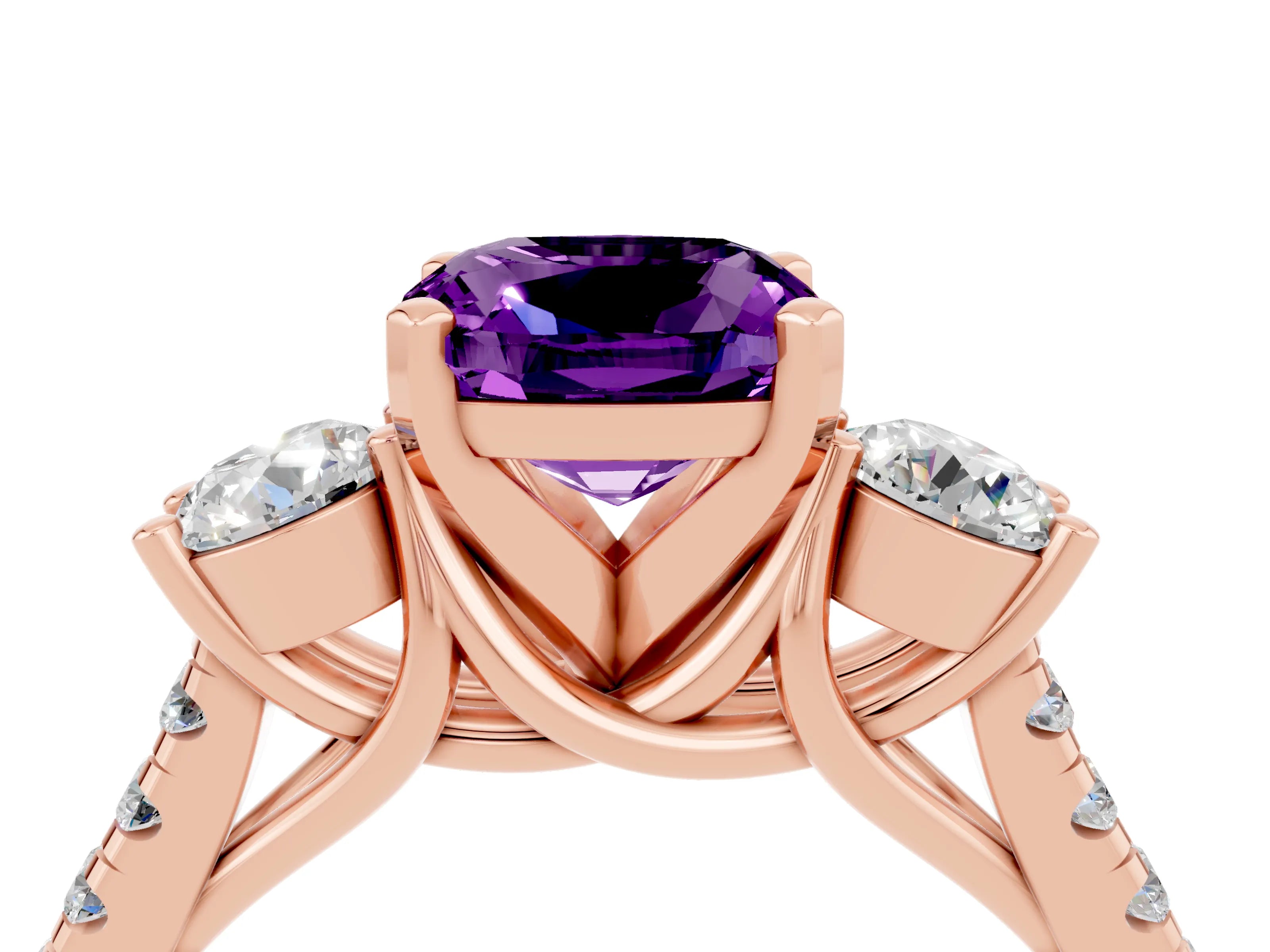 Rose gold Three-Stone Cushion Cut Amethyst Pavé Band with Four-Prong Setting_4
