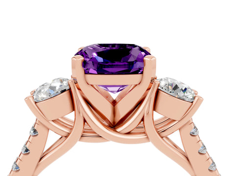 Rose gold Three-Stone Cushion Cut Amethyst Pavé Band with Four-Prong Setting_4