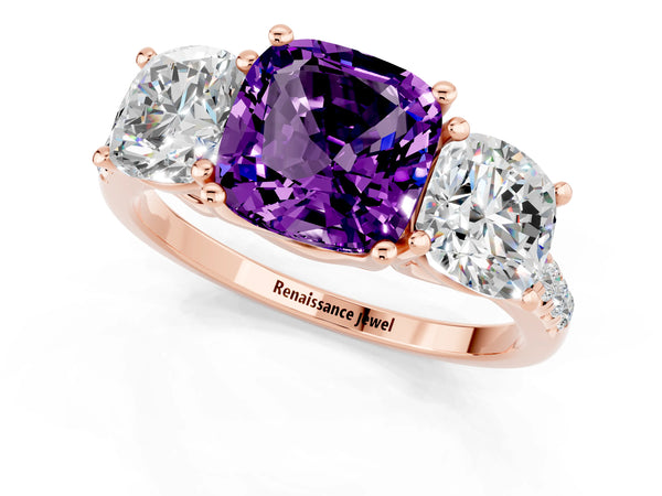 Rose gold Three-Stone Cushion Cut Amethyst Ring with Round  Pavé Band and Prong Setting