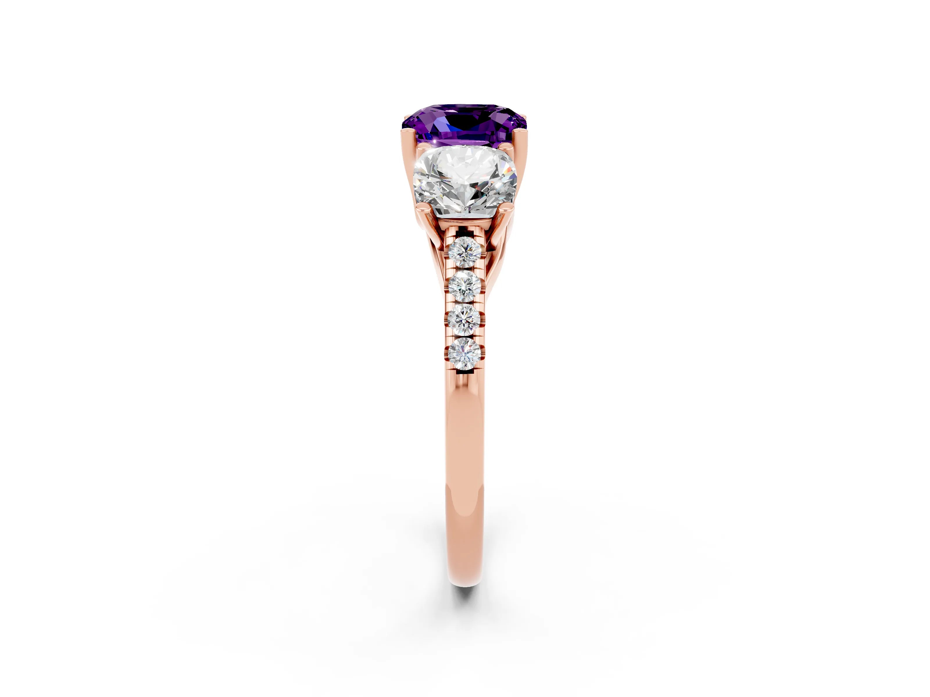 Rose gold Three-Stone Cushion Cut Amethyst Ring with Pavé Band and Prong Setting_14