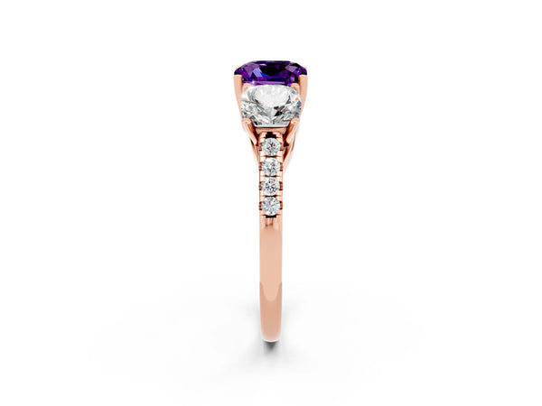 Rose gold Three-Stone Cushion Cut Amethyst Ring with Round  Pavé Band and Prong Setting