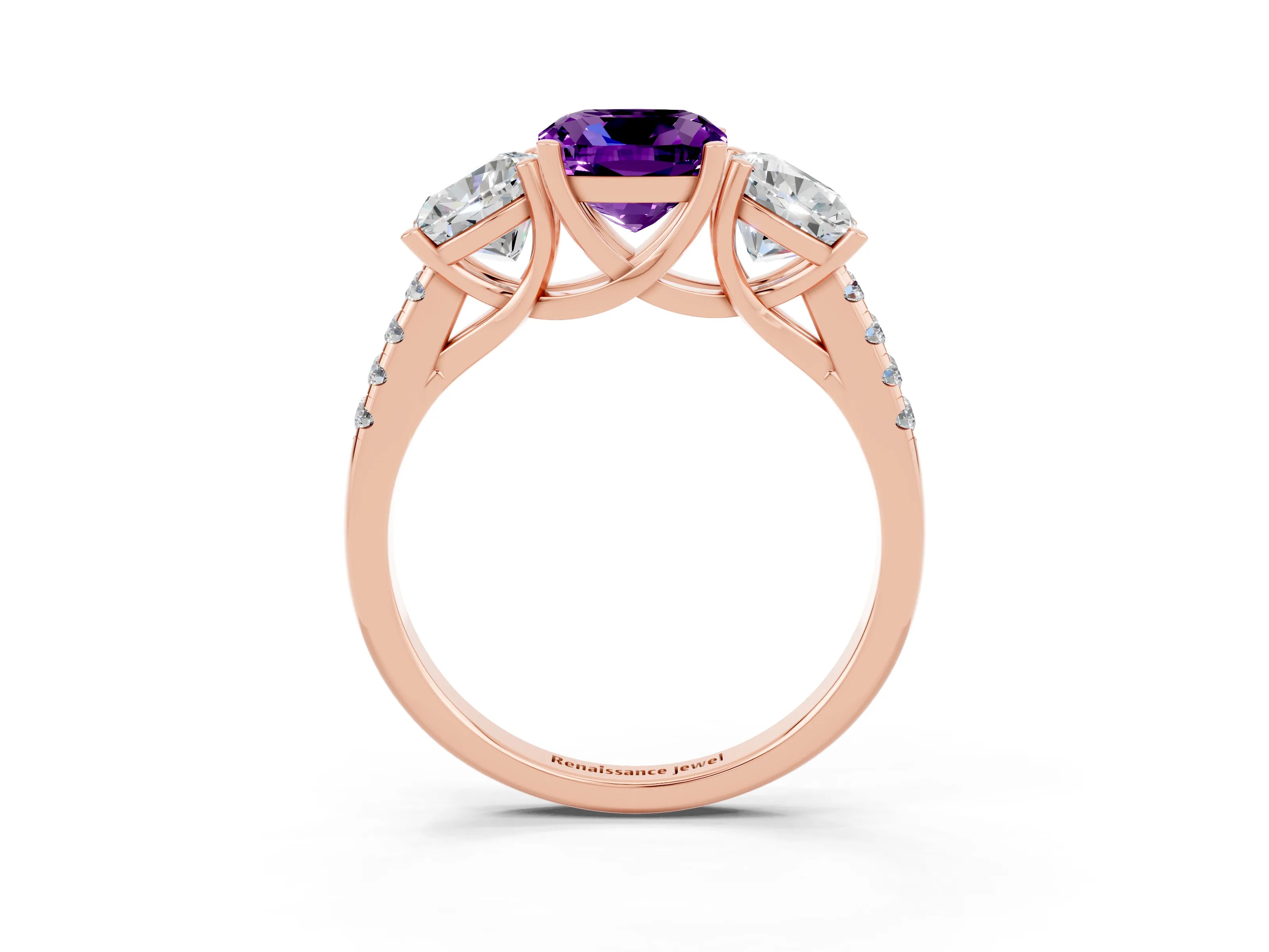 Rose gold Three-Stone Cushion Cut Amethyst Ring with Pavé Band and Prong Setting_15