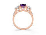 Rose gold Three-Stone Cushion Cut Amethyst Ring with Pavé Band and Prong Setting_15