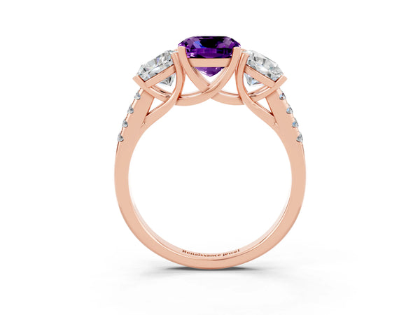 Rose gold Three-Stone Cushion Cut Amethyst Ring with Round  Pavé Band and Prong Setting