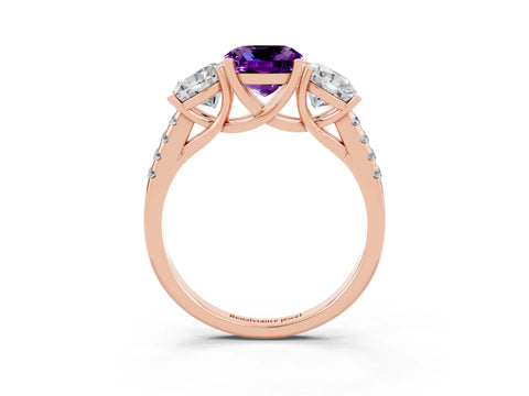 Rose gold Three-Stone Cushion Cut Amethyst Ring with Pavé Band and Prong Setting_15