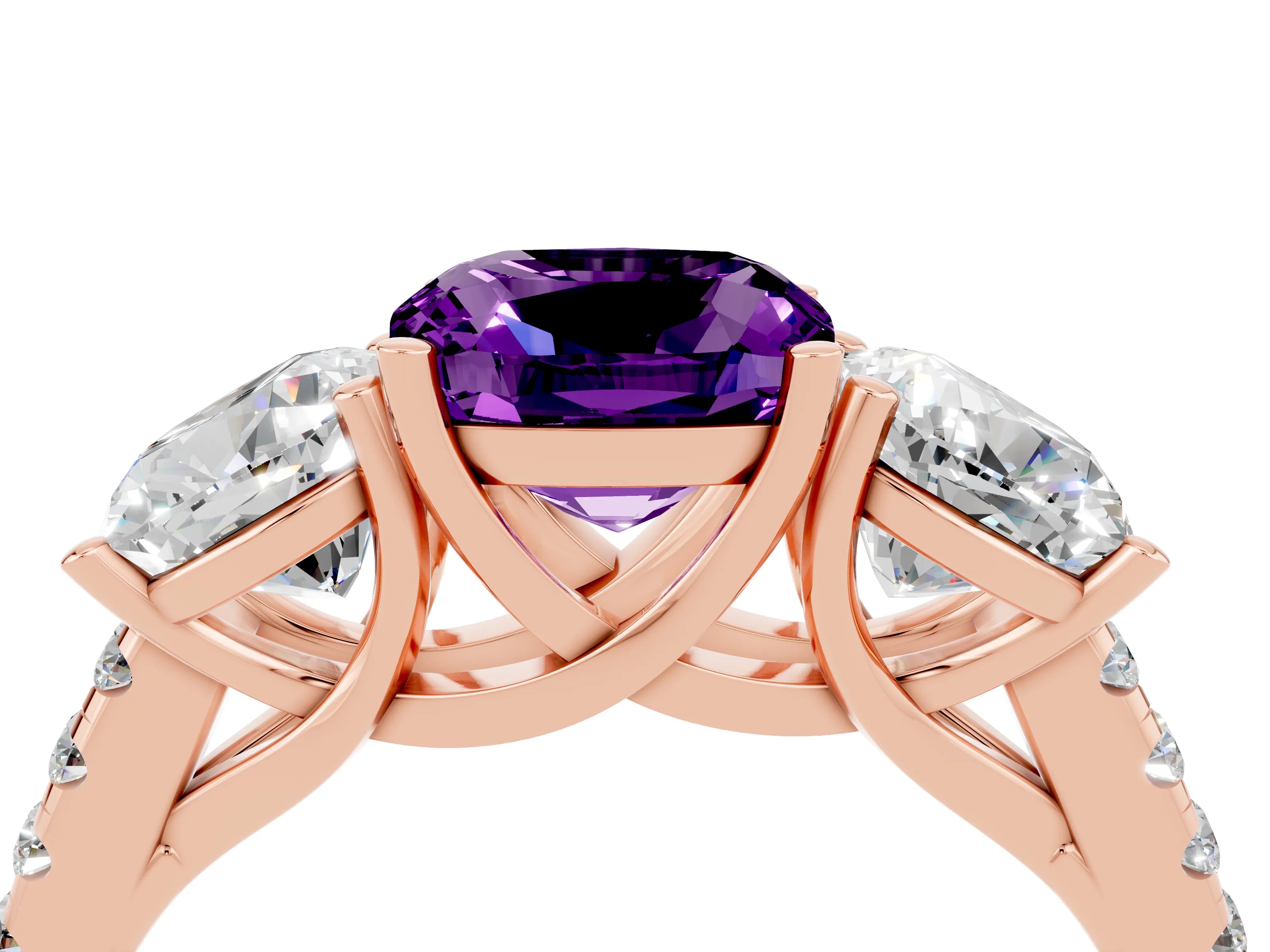 Rose gold Three-Stone Cushion Cut Amethyst Ring with Pavé Band and Prong Setting_16