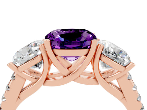 Rose gold Three-Stone Cushion Cut Amethyst Ring with Pavé Band and Prong Setting_16