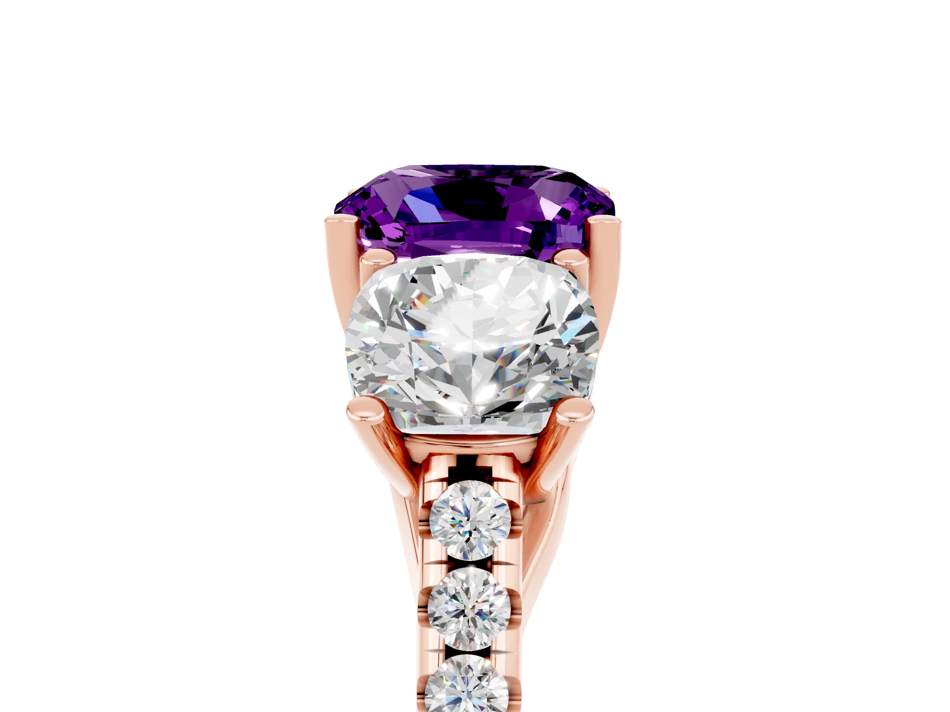 Rose gold Three-Stone Cushion Cut Amethyst Ring with Pavé Band and Prong Setting_17