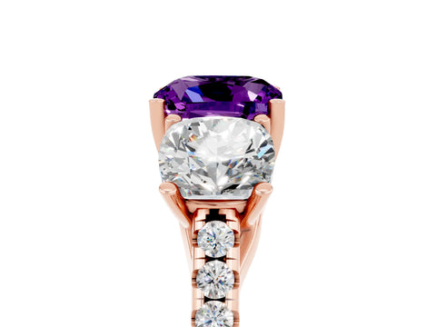 Rose gold Three-Stone Cushion Cut Amethyst Ring with Pavé Band and Prong Setting_17